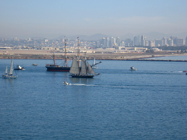 The downtown San Diego skyline behind Star of India and Californian.