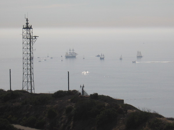 Out into the wide, hazy Pacific Ocean.