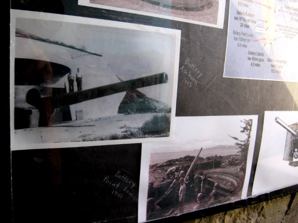 Old photos include Battery Ashburn in 1943 and Battery Point Loma in 1941.