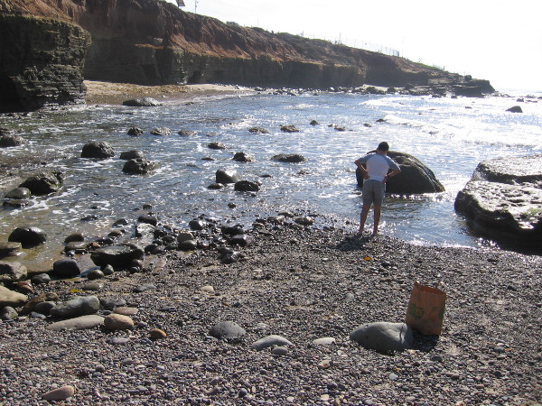 Someone peers down into the shallow water, perhaps looking for an octopus or fish.