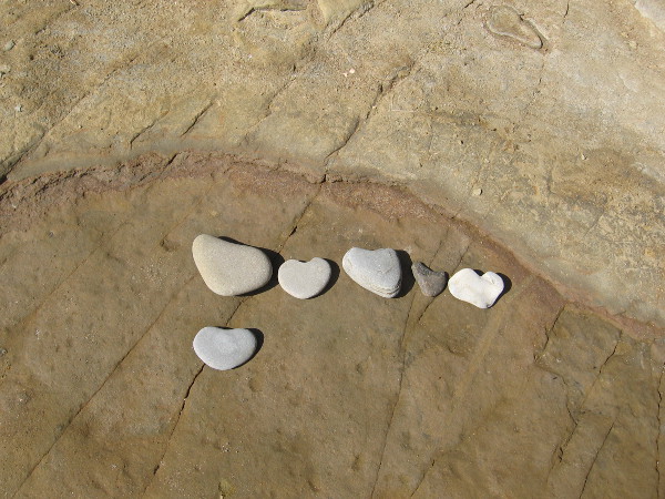 Someone--a young person most likely--searched for heart-shaped stones on the rocky beach and lined them up for all to see.