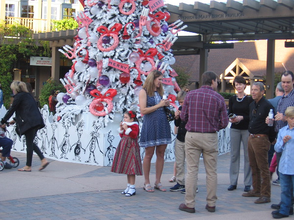 Feeling the holiday spirit by The Old Globe Christmas Tree in Copley Plaza.