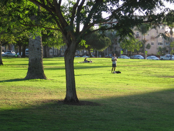 Enjoying peace and warm sunlight on the grassy West Mesa of Balboa Park.