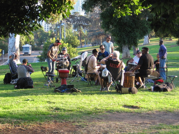 A drum circle in Marston Point, like the joyful, beating heart of Balboa Park.