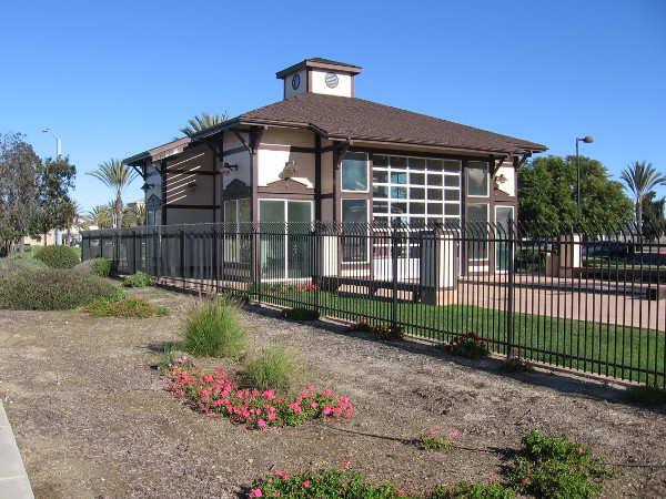 I'm now walking south down Marina Way, looking back at the National City Historic Railcar Plaza.