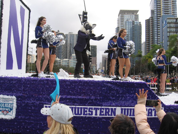 Willie the Northwestern mascot is up on the purple and white float with some cheerleaders!