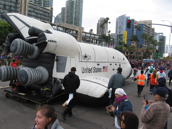 From the world's oldest active sailing ship to a space shuttle! This particular balloon Space Shuttle was taxiing down Harbor Drive on wheels!