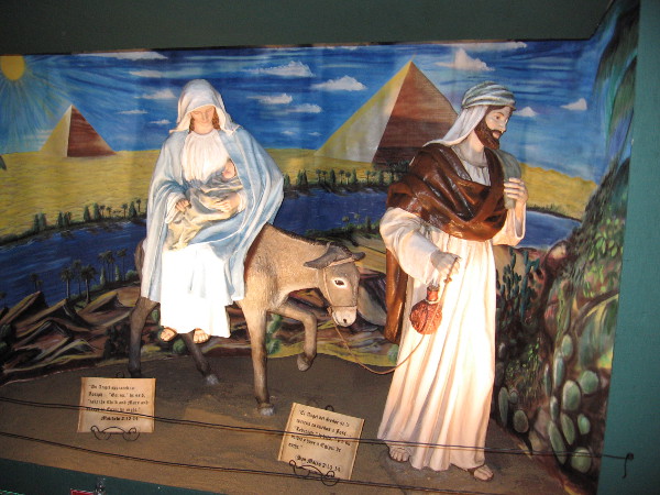 Lights also come on in the Nativity scenes. A beautiful depiction of Mary and Joseph with the Christ child, escaping to Egypt.