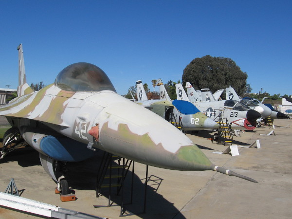 Looking beyond a General Dynamics F-16N at a line of military aircraft displayed outside.