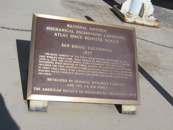 National Historic Mechanical Engineering Landmark Atlas Space Booster Family - San Diego, California - 1957. Developed by General Dynamics Convair and the U.S. Air Force.