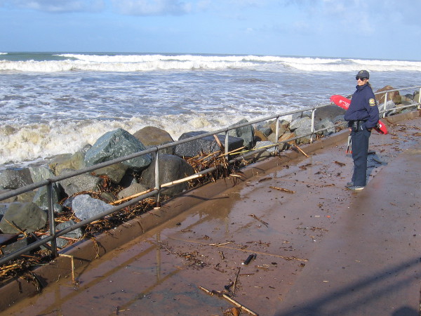 The friendly lifeguard said that waves can wash over the walkway during high tide at this time of the year.