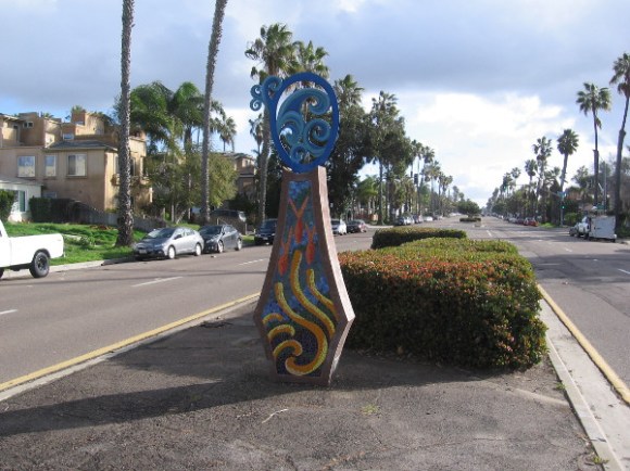 One of three mosaic sculptures on the Grand Avenue median by Kim Emerson, which together are Oceanlife, Sun and Waves.