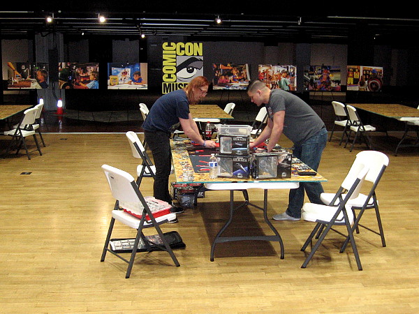 Guys play Star Wars Armada inside the Federal Building, future home of the Comic-Con Museum in Balboa Park.
