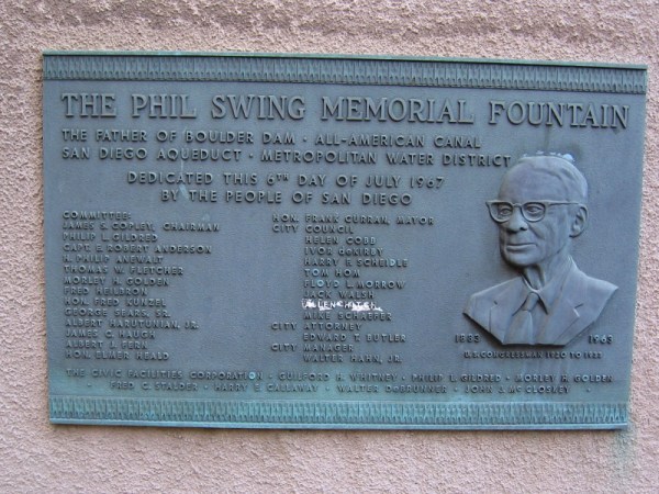 Plaque near the small desert garden that has been planted in the basin of The Phil Swing Memorial Fountain, which was dedicated on July 6, 1967.