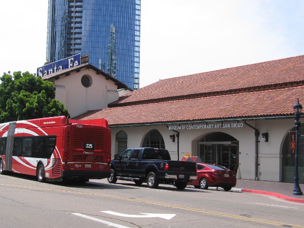 Looking across Kettner Boulevard at the Santa Fe Depot. The old baggage building on the north side of the train station is now home to the Museum of Contemporary Art San Diego.