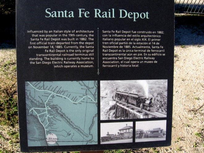 Sign concerns Santa Fe Rail Depot. It's the only original transcontinental railroad terminus still standing.