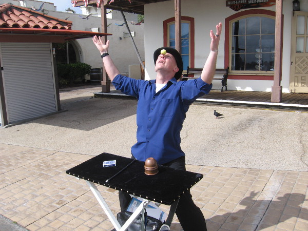 Nolan Webster included a lot of humor in his parlor magic show. That ball was actually attached to his nose! Cheater!