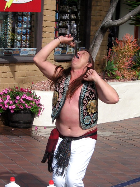 When all the way in, the sword has penetrated between his heart and lungs and ends at the bottom of his stomach, just below the belly button!