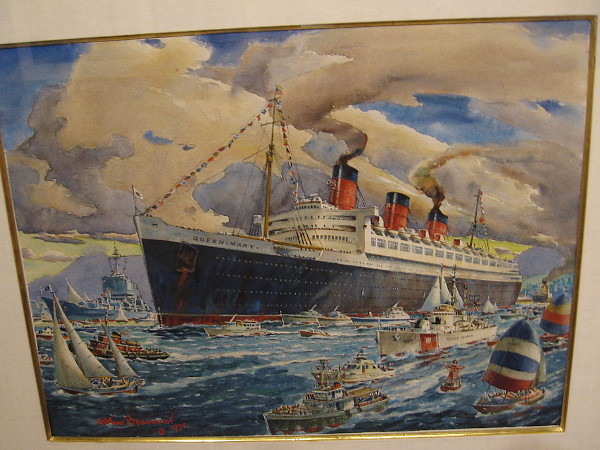 The Last Voyage of the Queen Mary, in the company of the USS Long Beach, watercolor, 1972. Catherine Campbell Beaumont Collection.