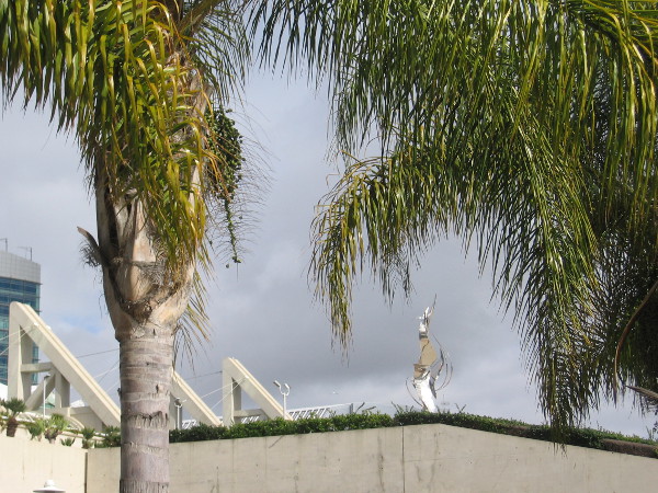 The Flame of Friendship sculpture gleams up on the San Diego Convention Center.