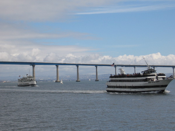Here come Spirit of San Diego and Admiral Hornblower. Both are coming from South Bay on a harbor tour.