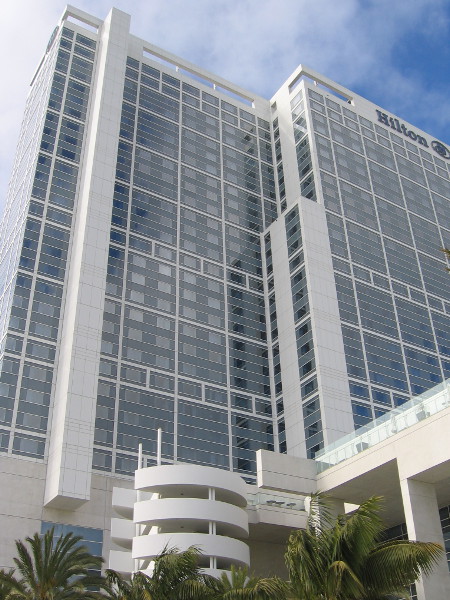 A look up at the Hilton San Diego Bayside from the side that faces away from downtown.