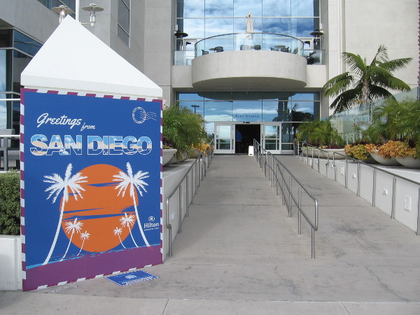 Near this bayside entrance to the Hilton there's a place to take photos. Greetings from San Diego.