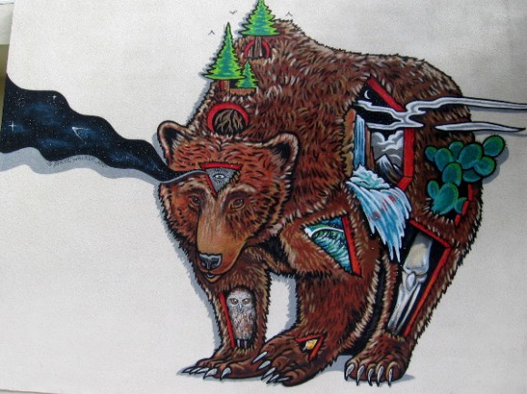 An abstract bear mural by @SKYEWALKER_ART appears to contain lots of nature symbolism.