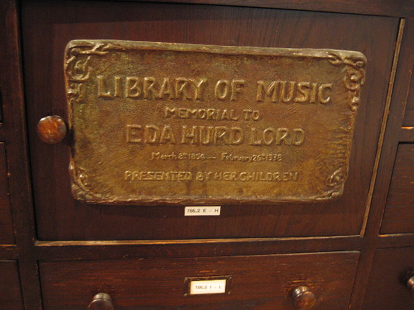 Library of Music small plaque on drawer.