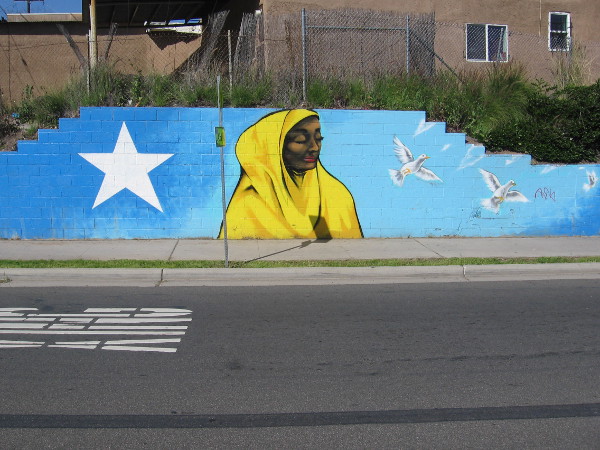 Left end of a long mural on University Avenue near 50th Street. It faces a new park-like community gathering place across University. Created by @illumihaadi and local youth, with support from City Heights CDC and City Heights Business Association. The neighborhood is home to many Somalis.