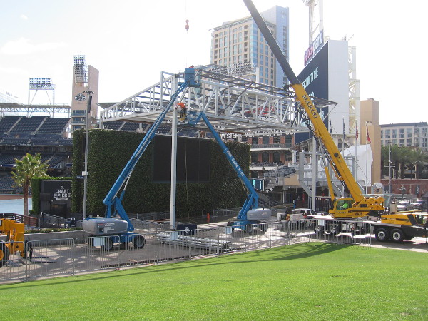Great progress is being made in erecting the new permanent concert stage in the Park at the Park.