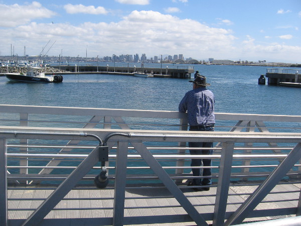 Looking across the boat launch basin, the San Diego downtown skyline in the distance.