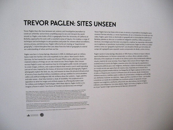 Sign at MCASD explains the current exhibition Trevor Paglen: Sites Unseen. (click to enlarge)