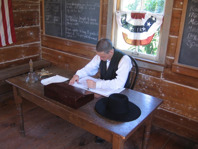In the one room Mason Street School in Old Town San Diego, younger and older children sat together before the teacher and learned their letters.