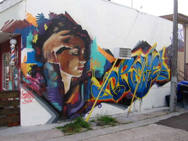 A very cool mural spray painted on the wall of The Land Barbershop on Adams Avenue.