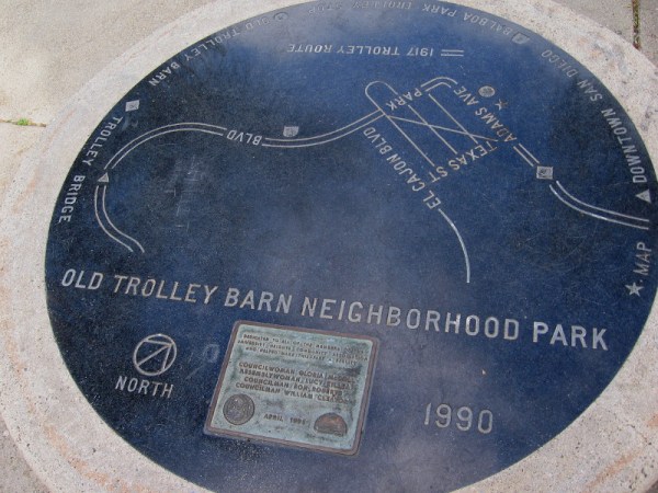 Map of the old 1917 trolley line from downtown San Diego into University Heights in Old Trolley Barn Neighborhood Park.