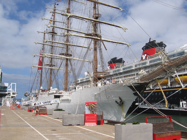 Four-masted barque BAP Unión docked at Broadway Pier in San Diego, during its 2019 tour of the West Coast.