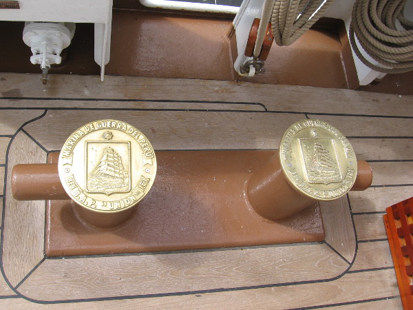 Artistic metalwork can be found all over the perfectly maintained tall ship, including these medallion-like designs.