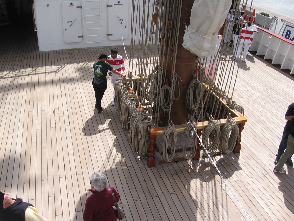 Looking back down at the wooden deck around the aft mainmast.