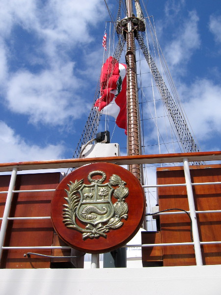 Mounted above the ship's bridge is Peru's proud coat of arms.
