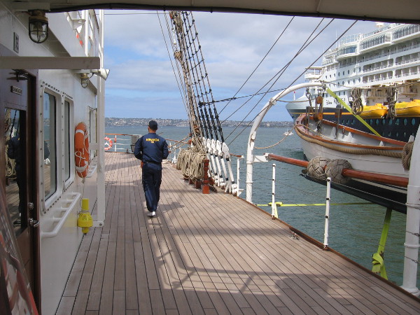 Walking past the bridge toward the stern of BAP Unión.