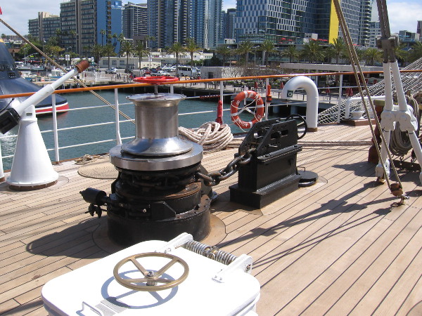 An anchor chain, winch and other equipment on the deck near BAP Unión's bow.