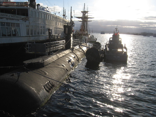 Some of the vessels of the Maritime Museum of San Diego splashed with late sunlight.