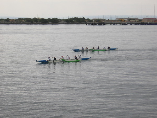 Some people rowing outrigger canoes flew past us on the calm water of San Diego Bay.