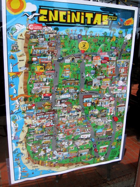 I spotted a fun map of Encinitas in a shop window. It illustrates many landmarks and local businesses in this awesome beach city.