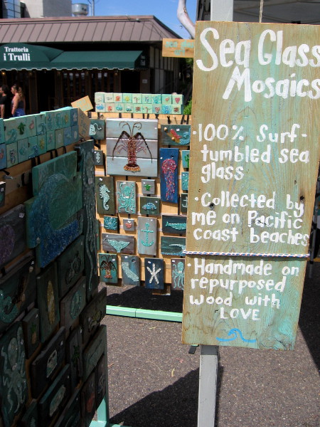 Her sea glass mosaics are created from surf tumbled sea glass collected on the beach!