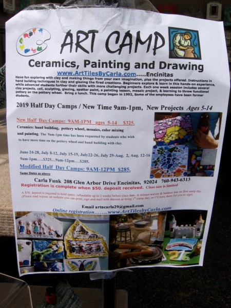 Carla Funk offers Art Camp in Encinitas, featuring classes in ceramics, painting and drawing. Her website is ArtTilesByCarla.com
