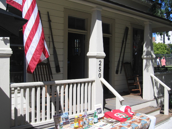 Steps lead up into the beautifully renovated Craftsman style Amici House.