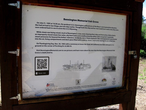 Sign at the Bennington Memorial Oak Grove describes one of the Navy's worst peacetime disasters, which took place in 1905 on San Diego Bay. Sixty six live oaks were planted to honor the victims of the USS Bennington boiler explosion.