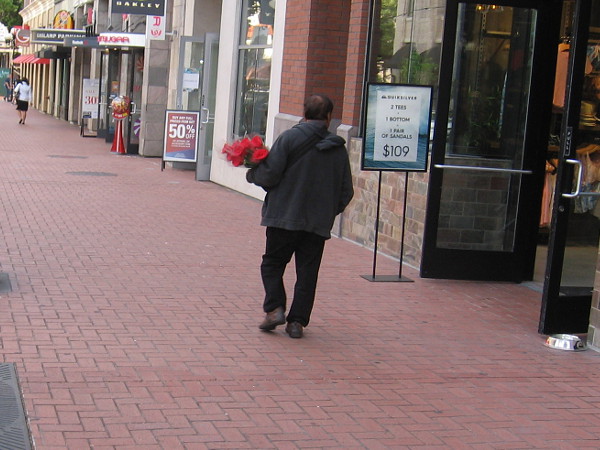 Carrying a bouquet of red roses.